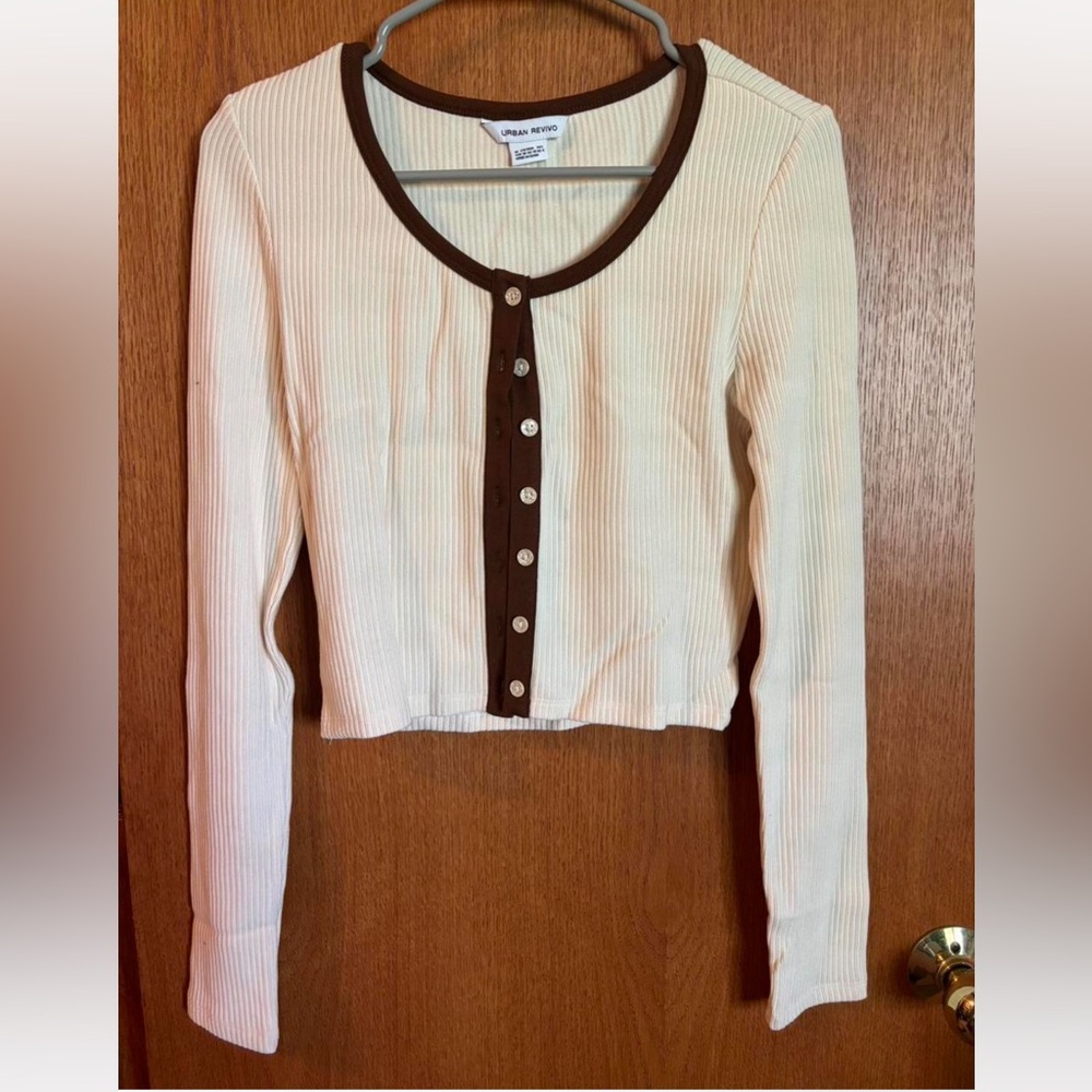 Chic Cream and Brown Button-Up Cardigan
